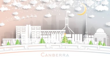 Canberra Australia City Skyline 'da Snowflakes, Moon ve Neon Garland ile birlikte. Vektör İllüstrasyonu. Noel ve Yeni Yıl Kavramı. Noel Baba kızakta. Canberra Şehri.
