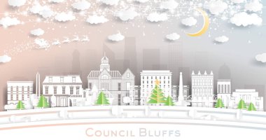 Council Bluffs Iowa City Skyline 'da Kar Taneleri, Ay ve Neon Garland ile birlikte. Vektör İllüstrasyonu. Noel ve Yeni Yıl Kavramı. Noel Baba kızakta. Council Bluffs ABD Şehri.