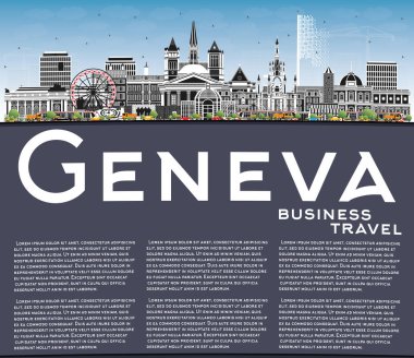Renkli binaları, mavi gökyüzü ve kopyalama uzayı olan Cenevre İsviçre Şehri Skyline 'ı. Vektör İllüstrasyonu. Landmark 'lı Cenevre Şehri. Tarihi Mimariyle Seyahat ve Turizm Konsepti.