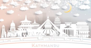Kathmandu Nepal Şehri Beyaz Binalar, Ay ve Neon Garland ile Kağıt Kesiği Biçimli Skyline. Vektör İllüstrasyonu. Seyahat ve Turizm Konsepti. Tarihi Simgeli Katmandu Şehir Manzarası.