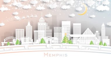 Memphis Tennessee City Skyline 'da Kar Taneleri, Ay ve Neon Garland ile birlikte. Vektör İllüstrasyonu. Noel ve Yeni Yıl Kavramı. Noel Baba kızakta. Memphis ABD Şehri.