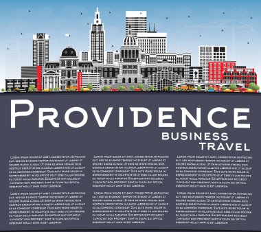 Providence Rhode Island City Skyline Renkli Binalar, Mavi Gökyüzü ve Kopya Uzayı. Vektör İllüstrasyonu. Providence USA Cityscape ve Tarihi Eserler. Modern Mimariyle Seyahat ve Turizm Konsepti.