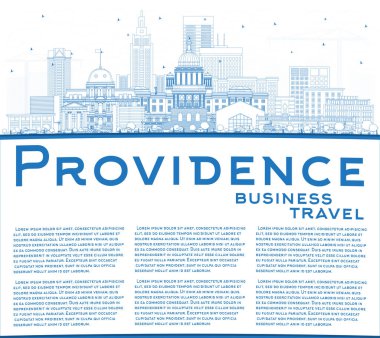 Providence Rhode Island City Skyline 'ın ana hatlarıyla Blue Buildings ve Copy Space. Vektör İllüstrasyonu. Providence USA Cityscape ve Tarihi Eserler. Modern Mimariyle Seyahat ve Turizm Konsepti.