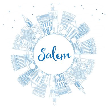Salem Oregon City Skyline 'ın ana hatlarıyla Blue Buildings ve Copy Space. Vektör İllüstrasyonu. Landmark 'lı Salem USA Cityscape. Modern Mimariyle İş Seyahati ve Turizm Konsepti.