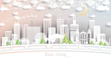 Kartaneleri, Ay 'ı ve Neon Garland' ı olan kağıt kesiği tarzında San Jose California City Skyline. Vektör İllüstrasyonu. Noel ve Yeni Yıl Kavramı. Noel Baba kızakta. San Jose ABD Şehri.