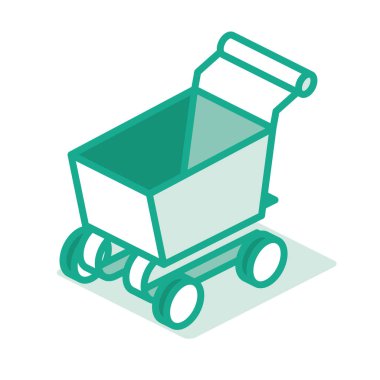 Boş süpermarket tramvayı. Alışveriş Arabası. Özet olarak Isometric Concept. Vektör İllüstrasyonu. Beyaz Arkaplanda Simge İzole Edildi.