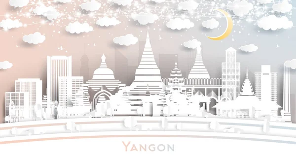 Yangon Myanmar City Panorama Paper Cut Stylu Bílými Budovami Měsíc — Stockový vektor