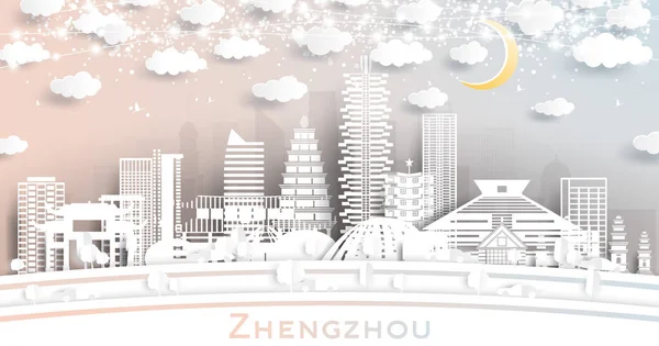 Zhengzhou China City Skyline Paper Cut Style White Buildings Moon — Stock vektor