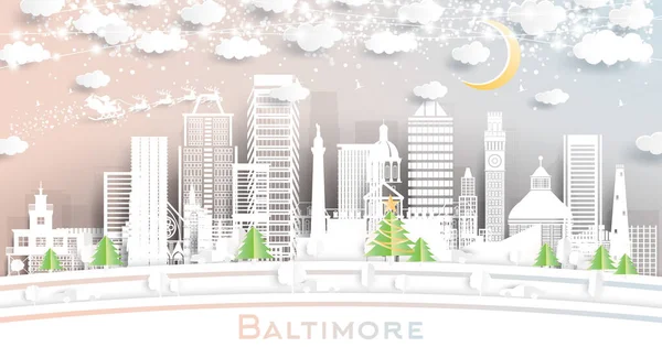 Baltimore Maryland City Skyline Style Paper Cut Avec Flocons Neige — Image vectorielle