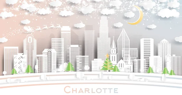 Charlotte City Skyline Style Paper Cut Avec Flocons Neige Lune — Image vectorielle