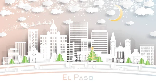 Paso Texas City Skyline Paper Cut Style Snowflakes Moon Neon — стоковий вектор