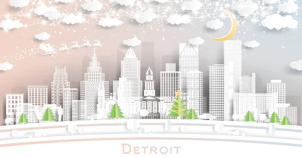Detroit Michigan City Skyline Paper Cut Style Snowflakes Moon Neon — Stock Vector