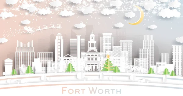 Fort Worth Texas Şehrinin Skyline Kar Taneleri Neon Garland Ile — Stok Vektör