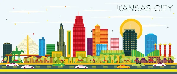 Kansas City Missouri City Skyline Ile Color Buildings Blue Sky — Stok Vektör