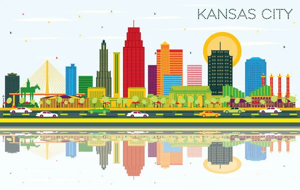 Канзас Сити Миссури Сити Скайлайн Цветными Зданиями Голубым Небом Рефлексами — стоковый вектор