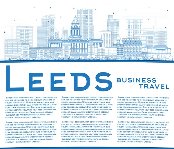 Esquema Leeds Reino Unido Ciudad Skyline Con Edificios Azules Espacio — Vector de stock