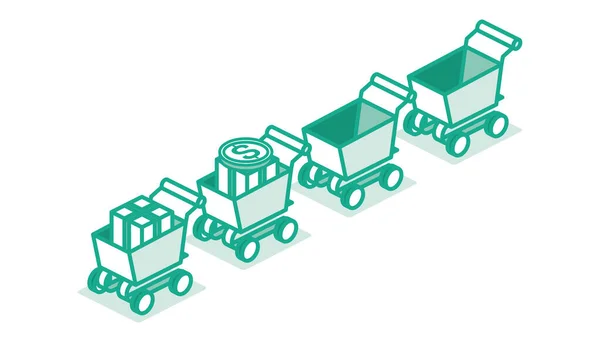 Isométrico Carrito Compras Supermercado Pie Fila Concepto Del Esquema Ilustración — Vector de stock