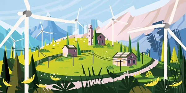 Landscape Road Alps Renewable Green Energy Concept Wind Turbines Village — Stock Vector