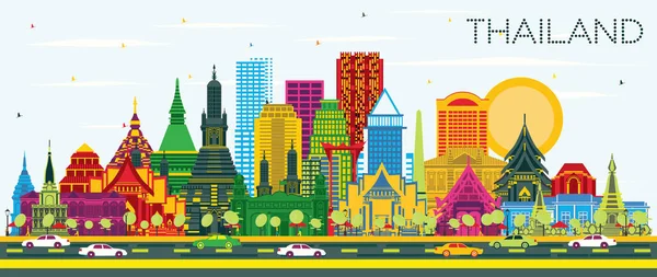 泰国城市天际线与彩色建筑和蓝天 矢量插图 具有历史建筑的旅游理念 泰国城市景观与地标 — 图库矢量图片