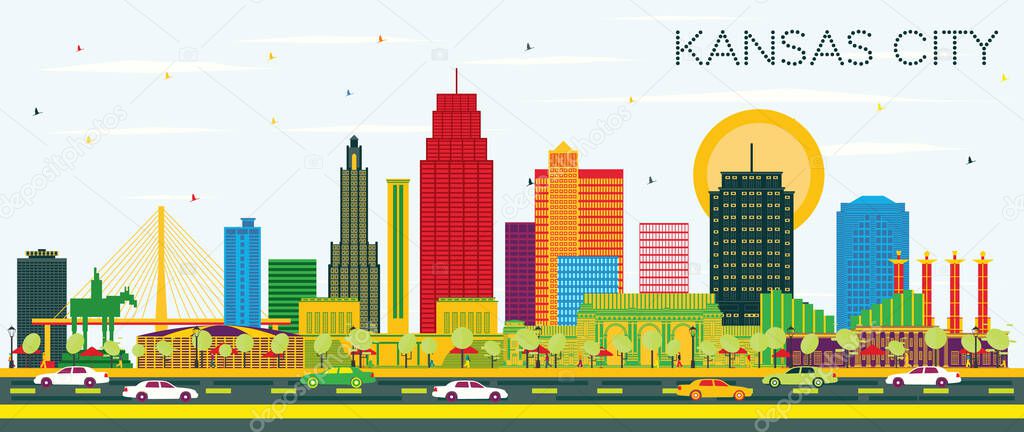 Kansas City Missouri City Skyline with Color Buildings and Blue Sky. Vector Illustration. Business Travel and Tourism Concept with Modern Architecture. Kansas City Cityscape with Landmarks.