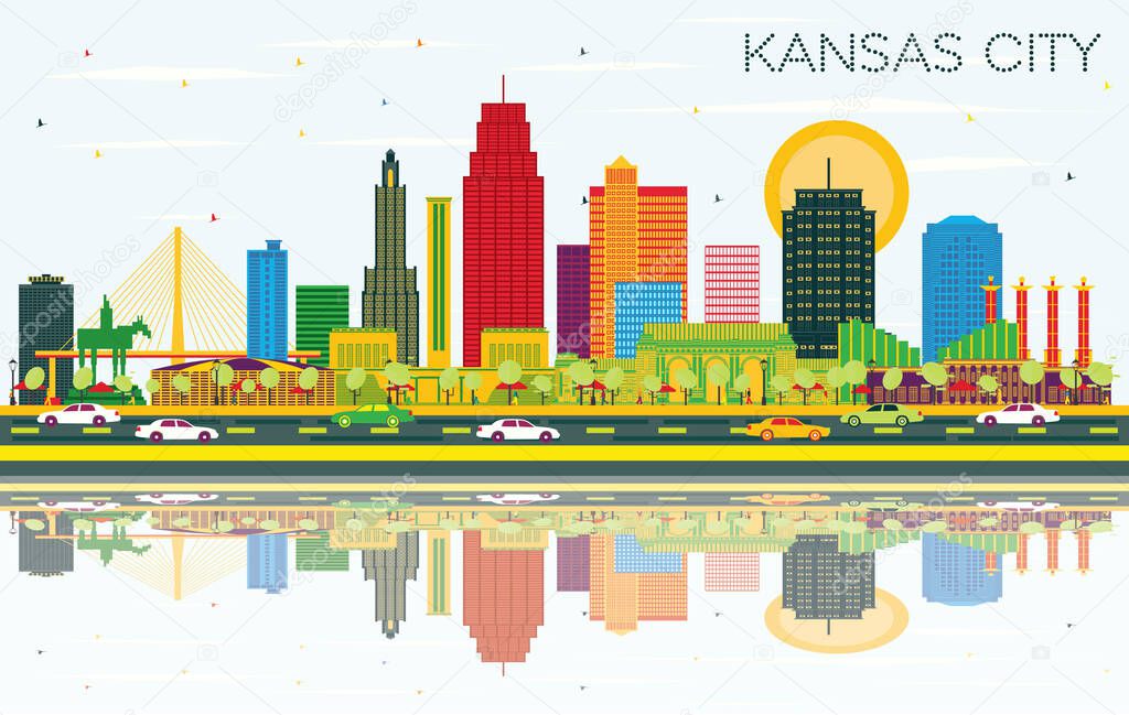 Kansas City Missouri City Skyline with Color Buildings, Blue Sky and Reflections. Vector Illustration. Business Travel and Tourism Concept with Modern Architecture. Kansas City Cityscape.