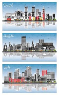 Sheffield, Leeds ve Bristol UK City Skyline Set ile Color Buildings, Blue Sky ve Reflections. Yer İmlerine sahip şehir manzarası.