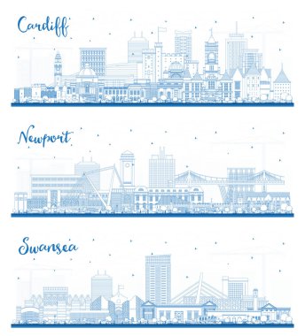 Taslak Newport, Swansea ve Cardiff Wales City Skyline Set ve Blue Buildings. Landmark 'lı UK City manzarası. İş Seyahati ve Turizm Konsepti.