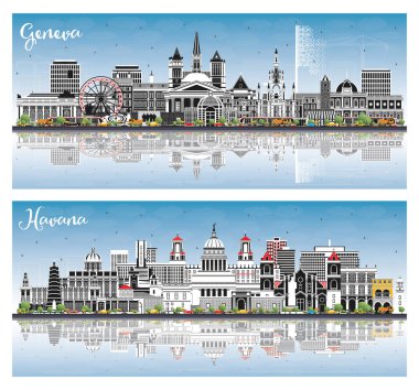 Havana Küba ve Cenevre City Skyline Set Renkli Binalar, Mavi Gökyüzü ve Yansımalar. Şehir simgeleriyle dolu. Tarihi Mimariyle İş Seyahati ve Turizm Konsepti.