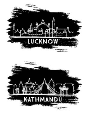 Lucknow India ve Kathmandu Nepal City Skyline Silhouette Set. El çizimi çizimi. Tarihi Mimariyle İş Seyahati ve Turizm Konsepti. Yer İmlerine sahip şehir manzarası.