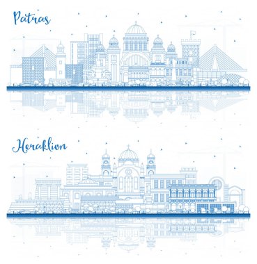 Ana hatlarıyla Patras ve Heraklion Greek City Skyline Set with Blue Buildings and Reflections. Tarihi ve Modern Mimariyle Seyahat ve Turizm Konsepti.