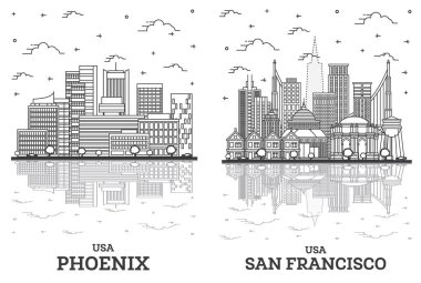 San Francisco California ve Phoenix Arizona City Skyline Set Modern Binalar ve Yansımalar Beyazlara izole edilmiş. Yer İmlerine sahip şehir manzarası. 