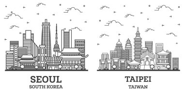 Taipei Taiwan ve Seul Güney Kore Skyline Set ve Modern Binalar beyaza izole edilmiş. Yer İmlerine sahip şehir manzarası.
