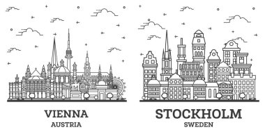 Stockholm İsveç ve Viyana Avusturya City Skyline Set 'i ana hatlarıyla beyazlar üzerinde izole edilmiş tarihi binalar. Yer İmlerine sahip şehir manzarası.