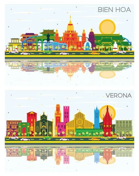 Verona Italy Bien Hoa Vietnam City Skyline Set Color Buildings — 스톡 사진