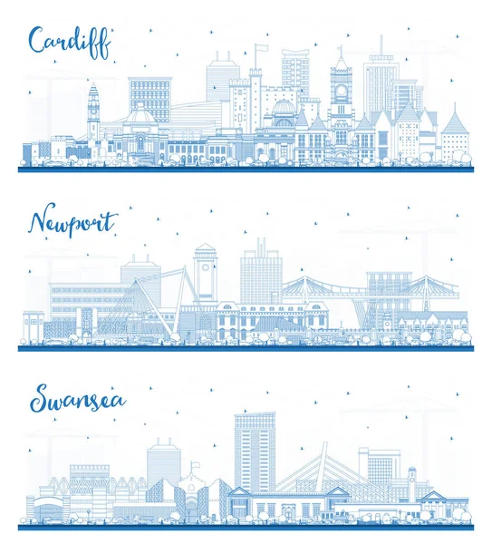 Outline Newport Swansea Cardiff Wales City Skyline Set Con Blue — Foto Stock