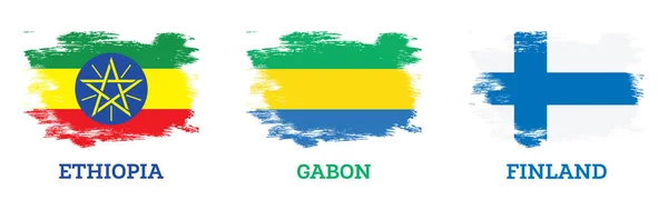 Gabon Finnország Etiópia Zászló Készlet Ecsetvonással Függetlenség Napja — Stock Fotó