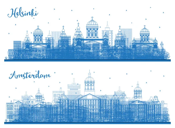 Esquema Amsterdam Holanda Helsinki Finlandia City Skyline Set Blue Buildings —  Fotos de Stock