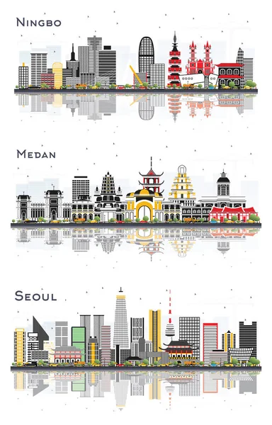 Medan Indonesia Seoul Südkorea Und Ningbo China City Skyline Set — Stockfoto