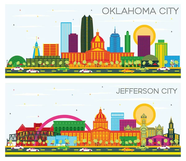 Jefferson City Missouri Oklahoma City Skyline Set Color Buildings Blue — Foto de Stock