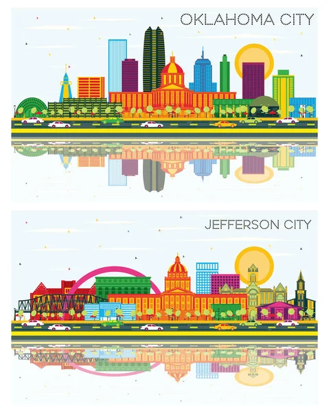 ジェファーソンシティミズーリ州とオクラホマシティスカイラインカラービル ブルースカイと反射を設定します 現代建築とビジネス旅行と観光の概念 — ストック写真