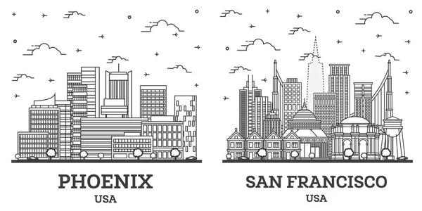 旧金山 加利福尼亚和凤凰城美国亚利桑那州的天际线设置 现代建筑与白色隔离 有地标的城市景观 — 图库照片