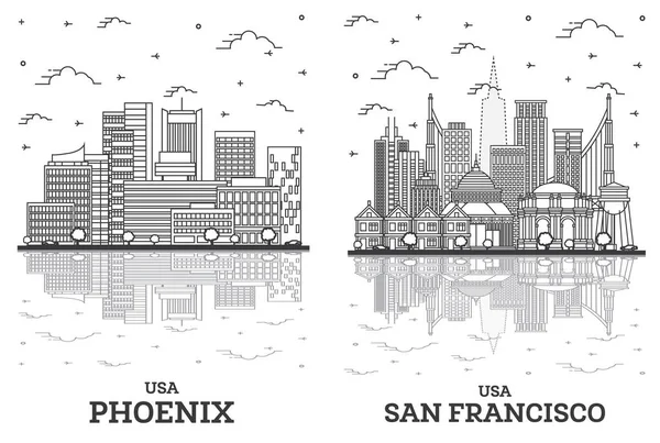 概要サンフランシスコカリフォルニア フェニックスアリゾナUsaシティスカイライン白を基調としたモダンな建物と反射を備えたセット ランドマークと都市景観 — ストック写真