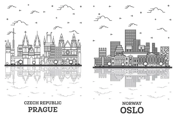 概要オスロノルウェーとプラハチェコ共和国白を基調とした歴史的建造物や反射のあるスカイラインセット ランドマークと都市景観 — ストック写真