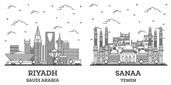 Umriss Sanaa Jemen Und Riad Saudi Arabien City Skyline Set — Stockfoto