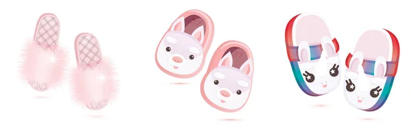 搭配时尚粉红花 家居装兔肉软片和可爱的儿童拖鞋 以独角兽的形式与白色隔离 豪华女鞋 — 图库照片