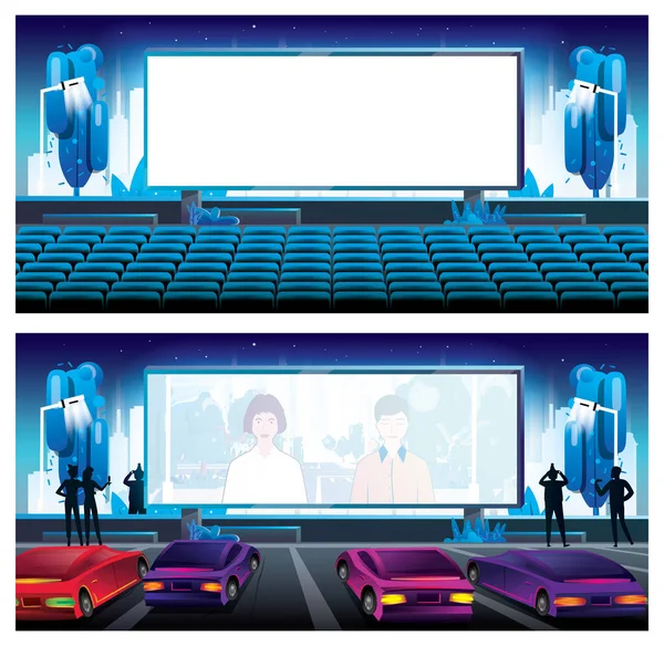 Outdoor Cinema City Large Bright Screen Front Empty Chairs Car — Stock Photo, Image