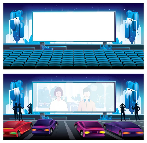 Outdoor Cinema in City. Large Bright Screen in front of Empty Chairs. Car Cinema. Large Bright Screen with Movie Scene. Parked Cars.