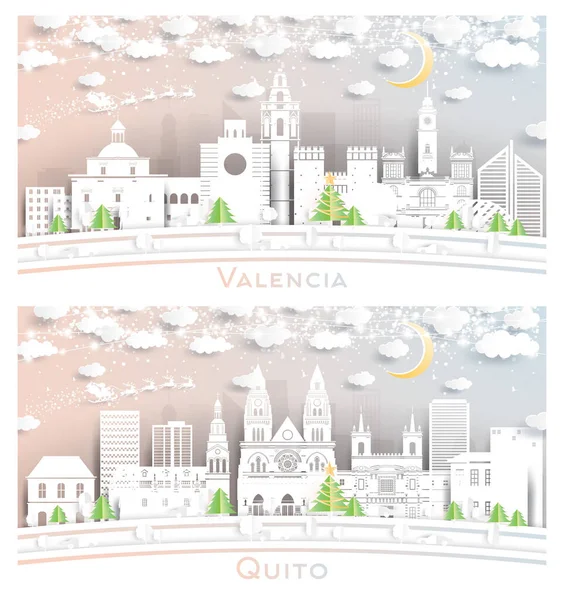 Quito Ekvador Valencia Spanya City Skyline Snowflakes Moon Neon Garland — Stok fotoğraf