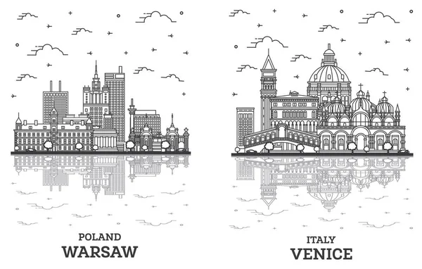 Umriss Venedig Italien Und Warschau Polen City Skyline Set Mit — Stockfoto