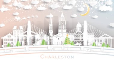 Charleston South Carolina şehrinin Skyline 'ı Snowflakes, Moon ve Neon Garland ile birlikte. Vektör İllüstrasyonu. Noel ve Yeni Yıl Kavramı. Noel Baba kızakta. Charleston Şehri.